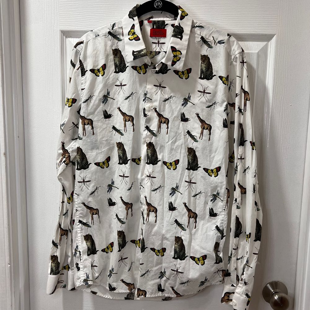 Devils Advocate‎ Animal Print Button-Down Shirt w/Giraffes, Butterflies SZ M